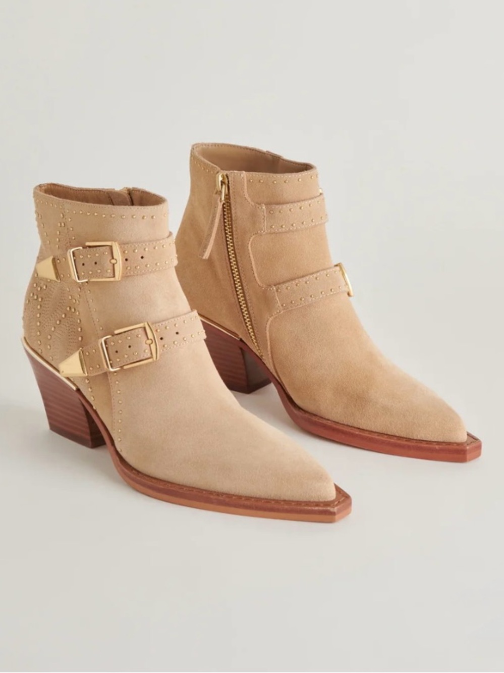 Dolce Vita Tan Suede Pointed western Ankle Boots with Gold Buckles